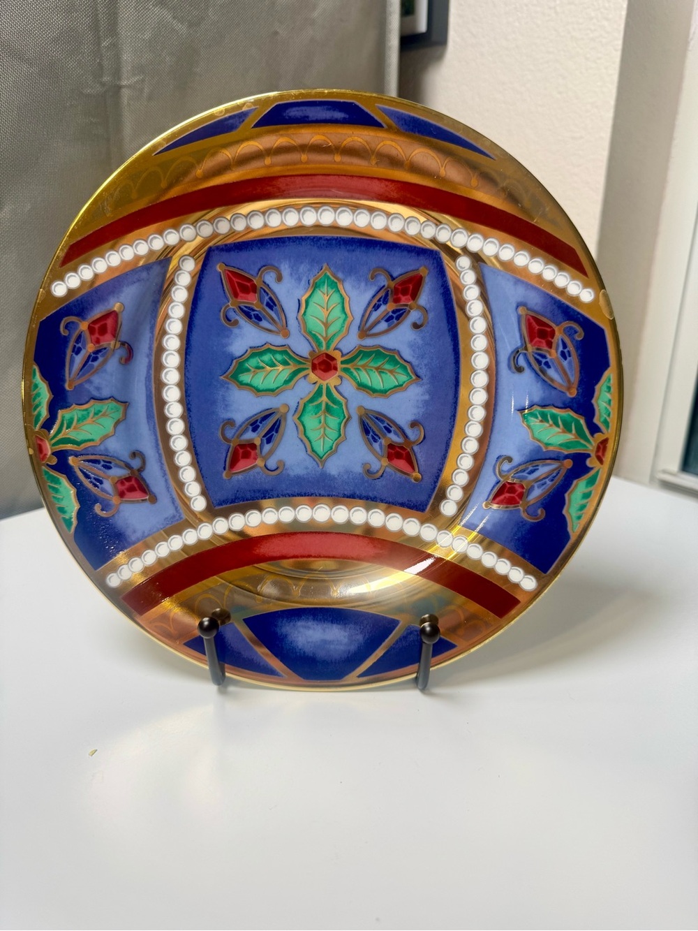 Hand-Painted Decorative Porcelain Plate in Blue, Gold & Red, Gold Buffer- 1999
